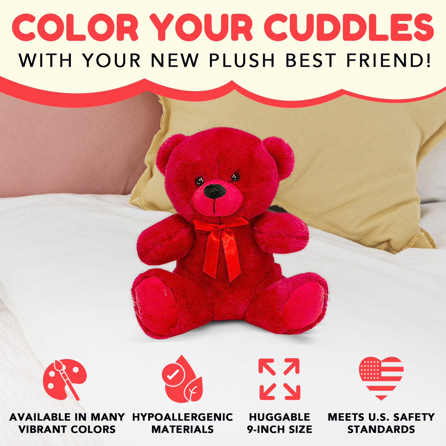 Grandma Smiley's Plush Best Friends Super Color Red Teddy Bear Stuffed Animal, 9-inch Hypoallergenic Small for Christmas, Newborn Baby Shower, Girlfriend, Boyfriend, Graduation