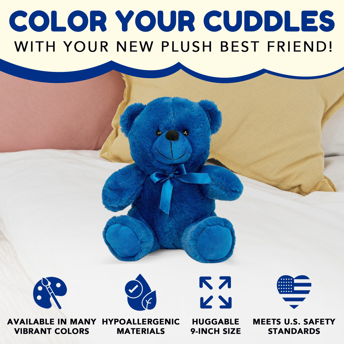 Grandma Smiley's Plush Best Friends Super Color Blue Teddy Bear Stuffed Animal, 9-inch Hypoallergenic Small for Christmas, Newborn Baby Shower, Girlfriend, Boyfriend, Graduation