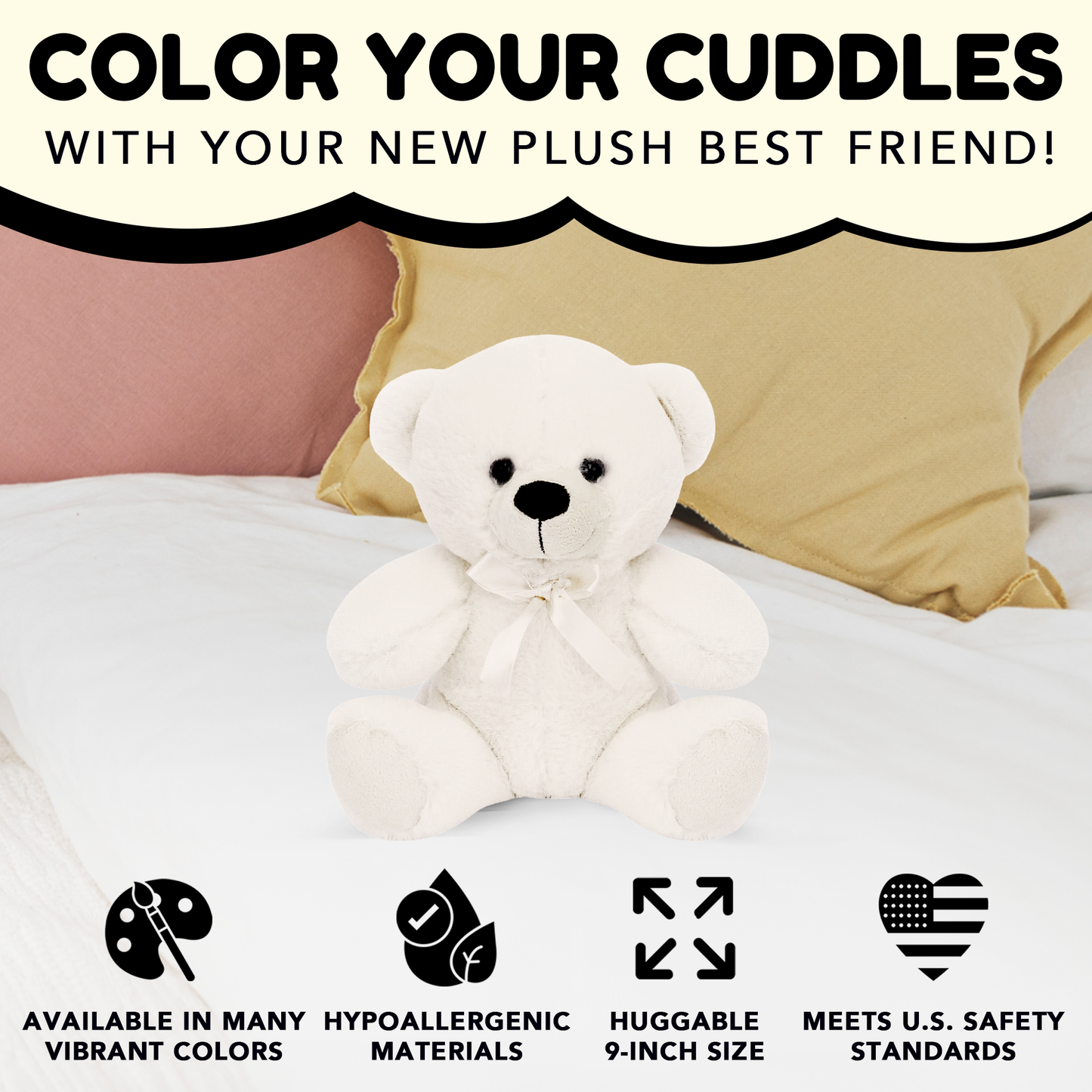 Grandma Smiley's Plush Best Friends Super Color White Teddy Bear Stuffed Animal, 9-inch Hypoallergenic Small Teddy Bears for Christmas, Newborn Baby Shower, Girlfriend, Boyfriend, Graduation