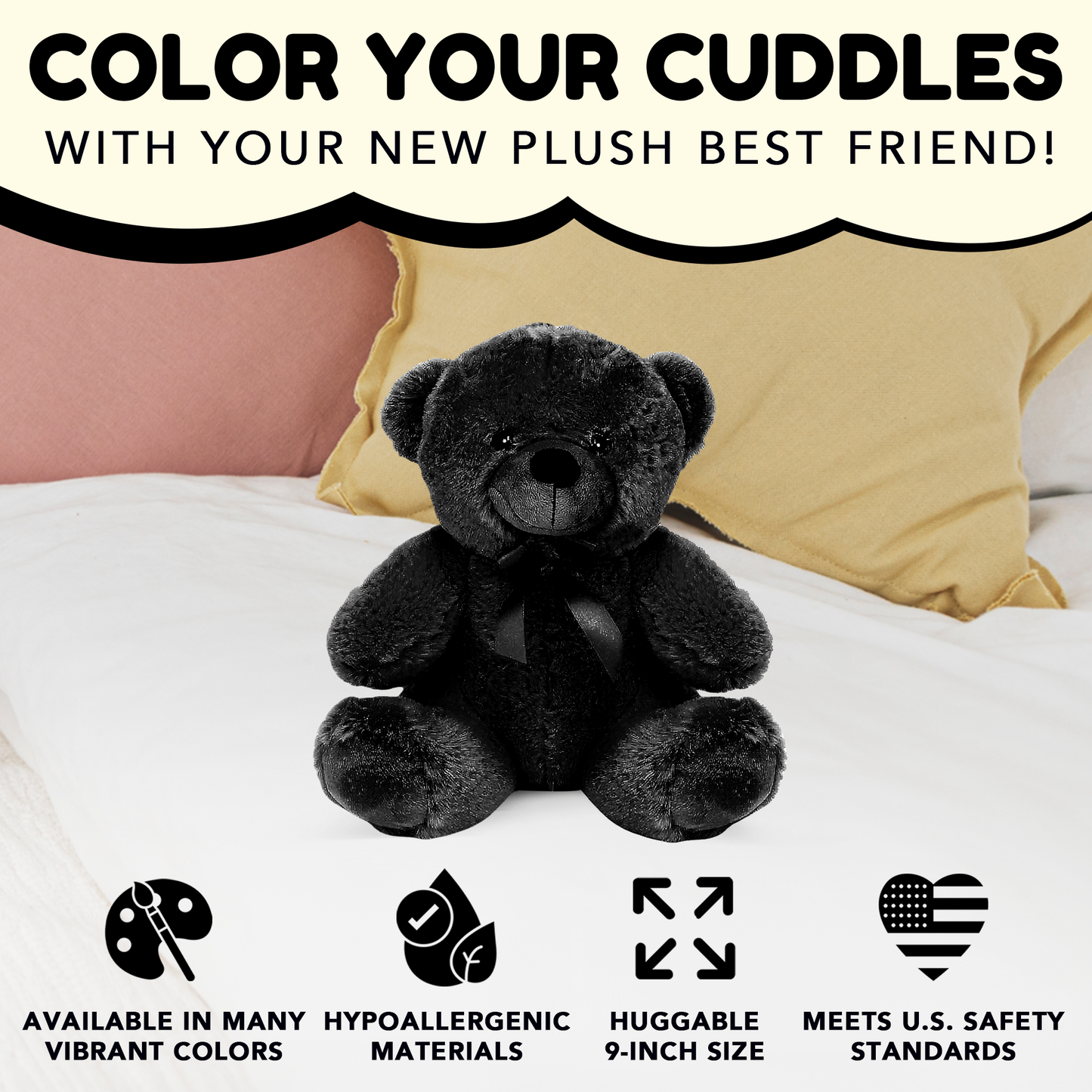 Grandma Smiley's Plush Best Friends Super Color Black Teddy Bear Stuffed Animal, 9-inch Hypoallergenic for Christmas, Newborn Baby Shower, Girlfriend, Boyfriend, Graduation