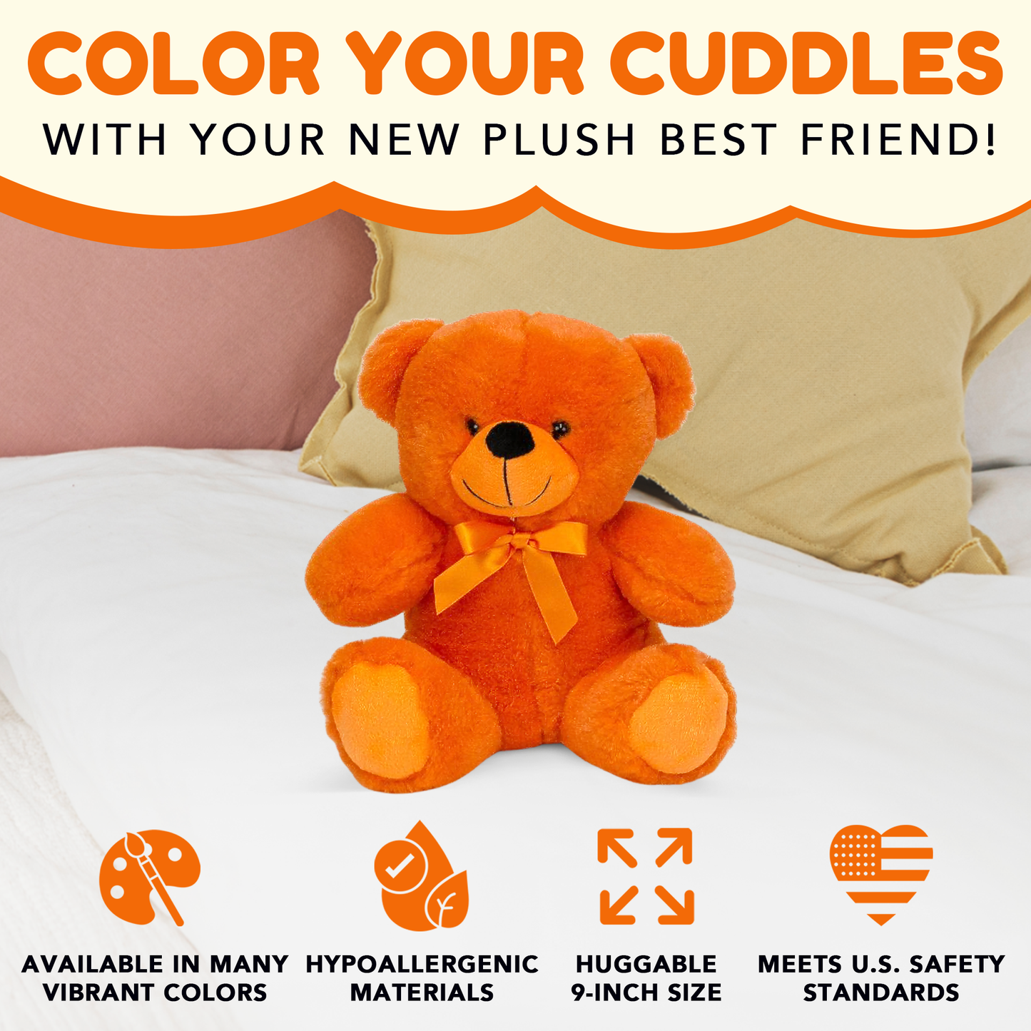 Grandma Smiley's Plush Best Friends Super Color Orange Teddy Bear Stuffed Animal, 9-inch Hypoallergenic Small Teddy Bears for Christmas, Newborn Baby Shower, Girlfriend, Boyfriend, Graduation