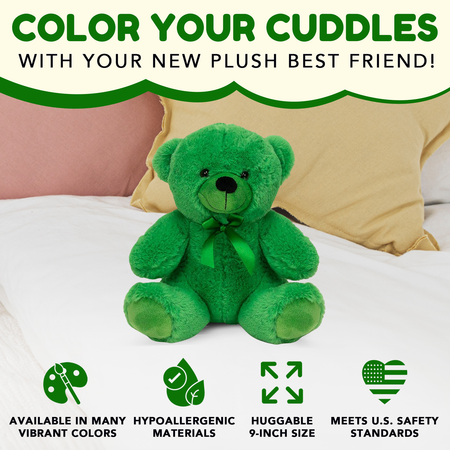 Grandma Smiley's Plush Best Friends Super Color Green Stuffed Animal, 9-inch Hypoallergenic Small for Christmas, Newborn Baby Shower, Girlfriend, Boyfriend, Graduation