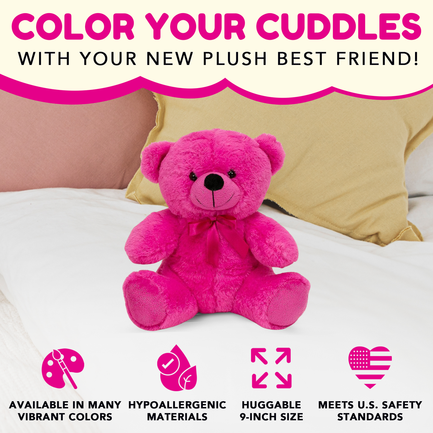 Grandma Smiley's Plush Best Friends Super Color Hot Pink Teddy Bear Stuffed Animal, 9-inch Hypoallergenic Small Teddy Bears for Christmas, Newborn Baby Shower, Girlfriend, Boyfriend, Graduation