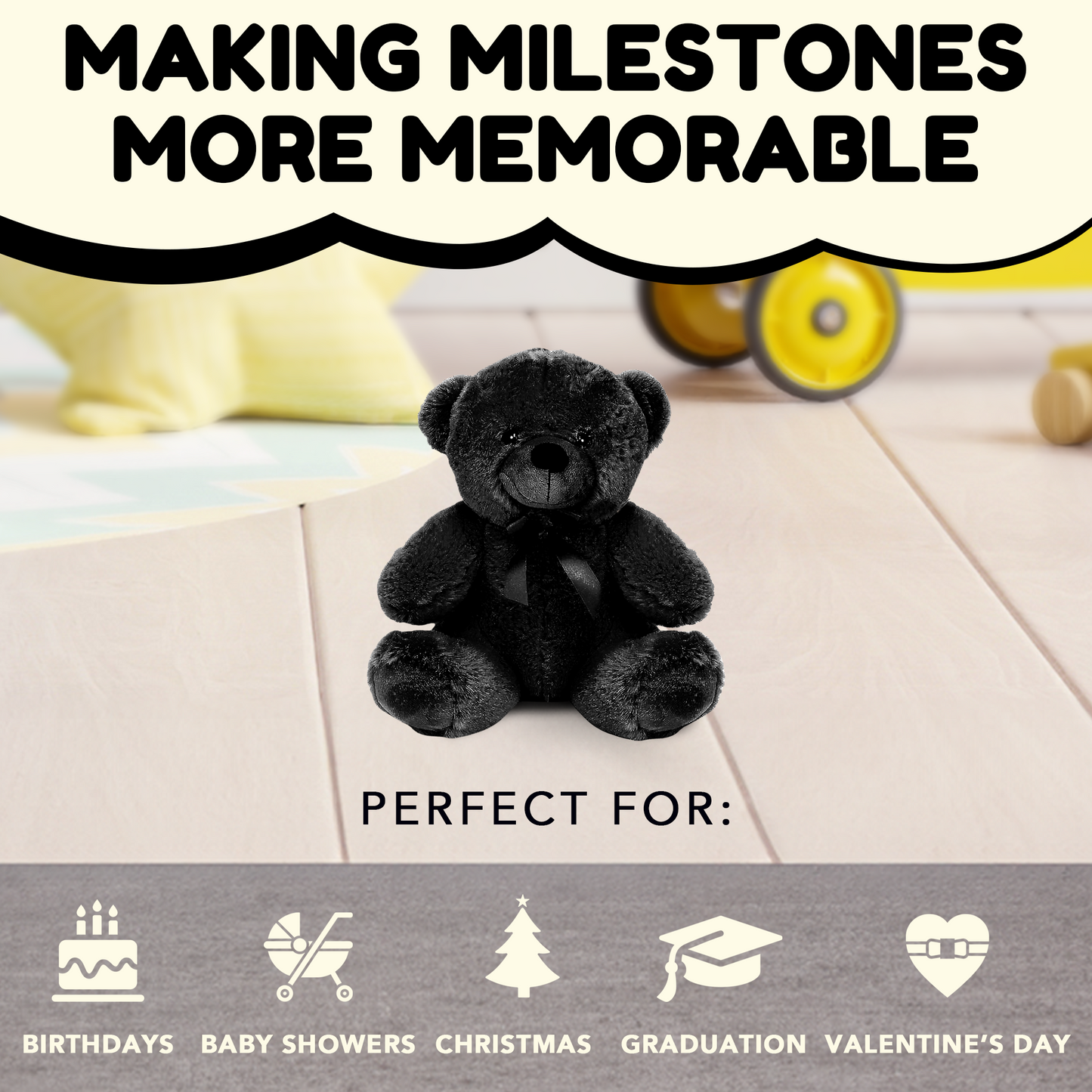 Grandma Smiley's Plush Best Friends Super Color Black Teddy Bear Stuffed Animal, 9-inch Hypoallergenic for Christmas, Newborn Baby Shower, Girlfriend, Boyfriend, Graduation